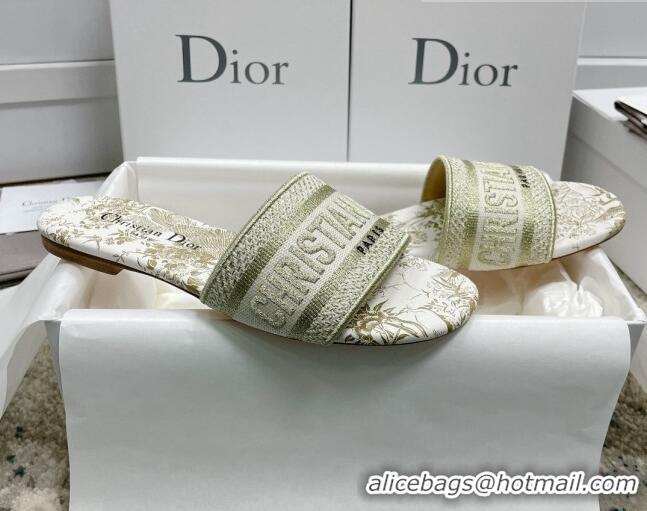 Hot Style Dior Dway Flat Slides in Gold Cotton Embroidered with Dior Jardin d'Hiver Motif 022304