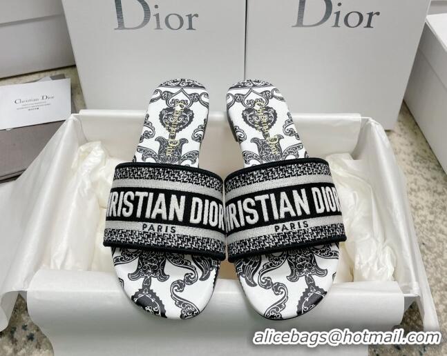 Grade Quality Dior Dway Flat Slides in Black and White Cotton with Dior Bandana Embroidery 3022306