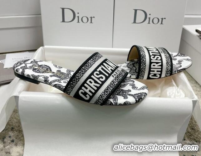 Grade Quality Dior Dway Flat Slides in Black and White Cotton with Dior Bandana Embroidery 3022306