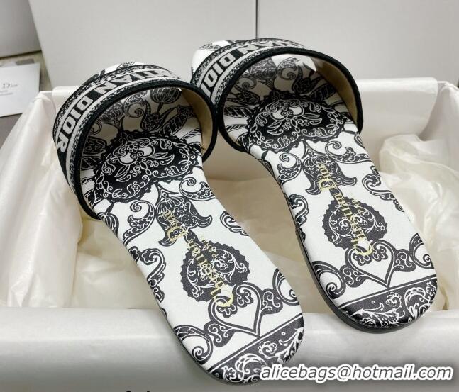 Grade Quality Dior Dway Flat Slides in Black and White Cotton with Dior Bandana Embroidery 3022306