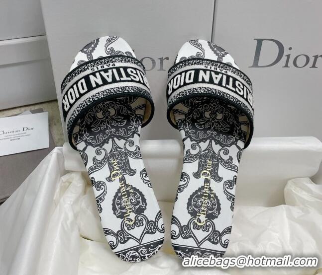 Grade Quality Dior Dway Flat Slides in Black and White Cotton with Dior Bandana Embroidery 3022306