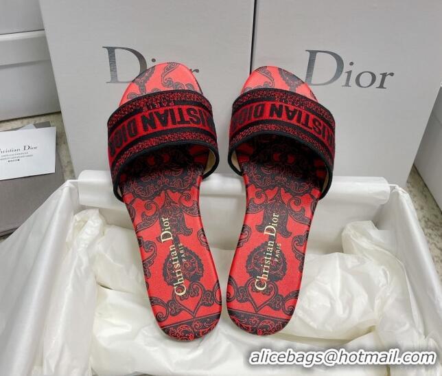 Good Quality Dior Dway Flat Slides in Black and Red Cotton with Dior Bandana Embroidery 022307