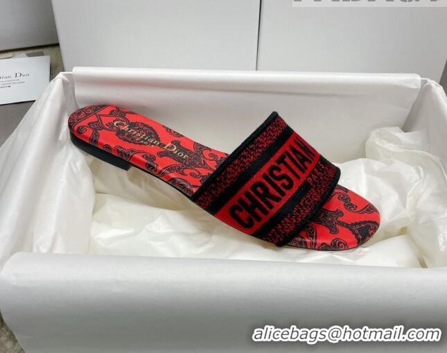 Good Quality Dior Dway Flat Slides in Black and Red Cotton with Dior Bandana Embroidery 022307