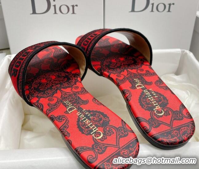 Good Quality Dior Dway Flat Slides in Black and Red Cotton with Dior Bandana Embroidery 022307