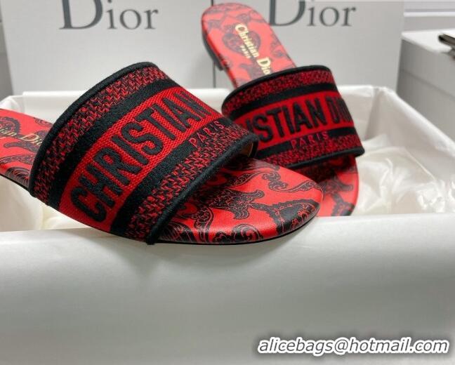 Good Quality Dior Dway Flat Slides in Black and Red Cotton with Dior Bandana Embroidery 022307