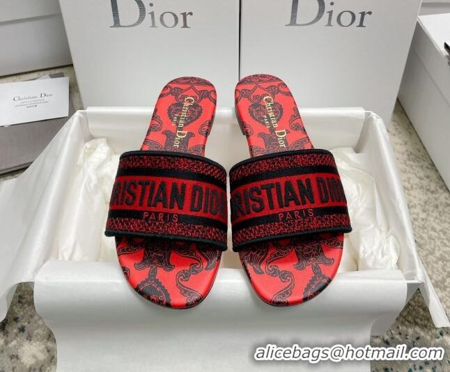 Good Quality Dior Dway Flat Slides in Black and Red Cotton with Dior Bandana Embroidery 022307