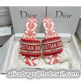 Classic Hot Dior Dway Flat Slides in Red and White Cotton with Dior Bandana Embroidery 022308