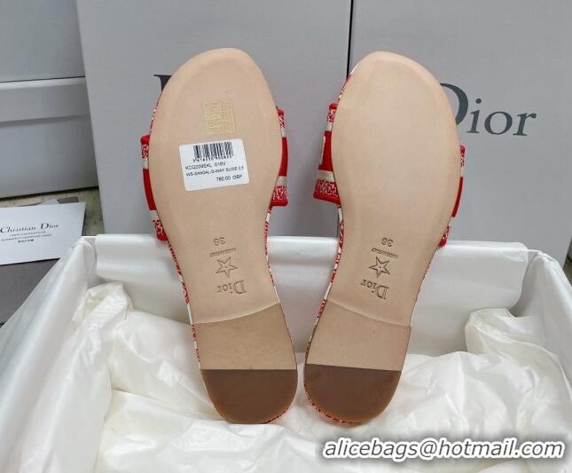 Classic Hot Dior Dway Flat Slides in Red and White Cotton with Dior Bandana Embroidery 022308