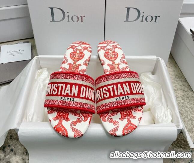 Classic Hot Dior Dway Flat Slides in Red and White Cotton with Dior Bandana Embroidery 022308