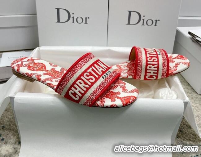 Classic Hot Dior Dway Flat Slides in Red and White Cotton with Dior Bandana Embroidery 022308