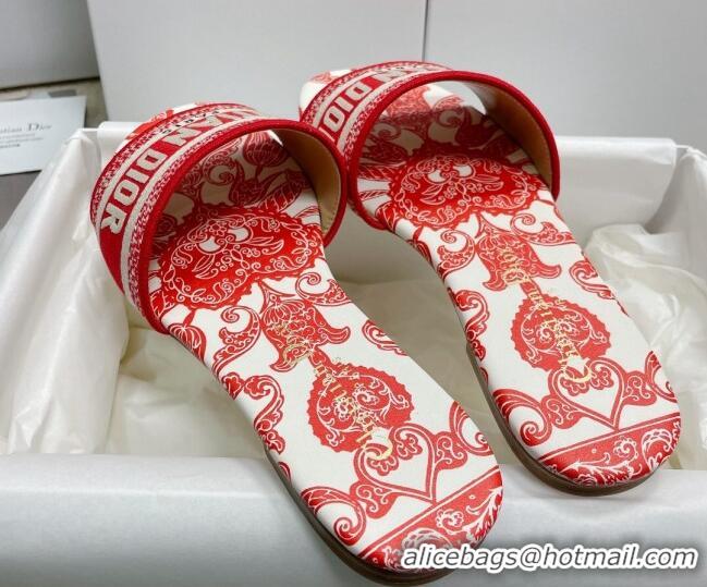 Classic Hot Dior Dway Flat Slides in Red and White Cotton with Dior Bandana Embroidery 022308