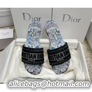 Top Grade Dior Dway Flat Slides in Blue Multicolor Cotton with Dior Jardin Magique Embroidery 022311