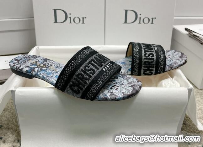 Top Grade Dior Dway Flat Slides in Blue Multicolor Cotton with Dior Jardin Magique Embroidery 022311