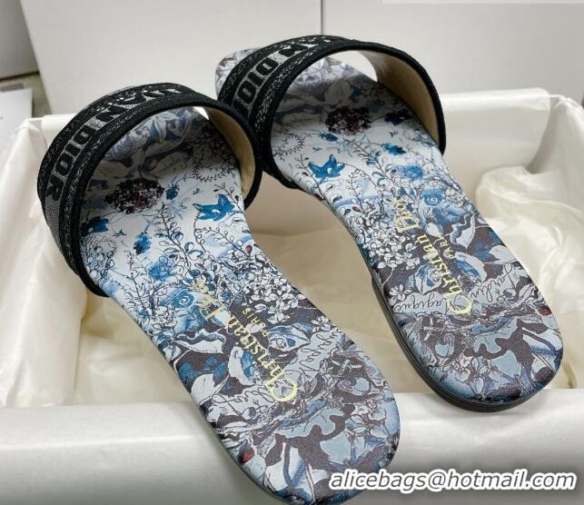 Top Grade Dior Dway Flat Slides in Blue Multicolor Cotton with Dior Jardin Magique Embroidery 022311