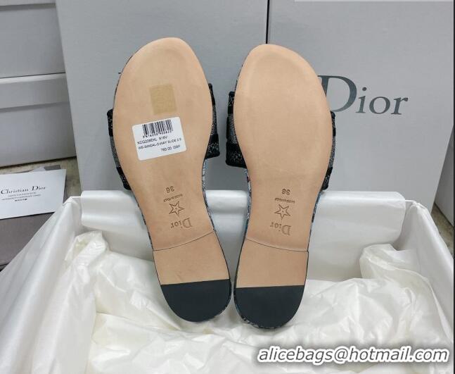 Top Grade Dior Dway Flat Slides in Blue Multicolor Cotton with Dior Jardin Magique Embroidery 022311