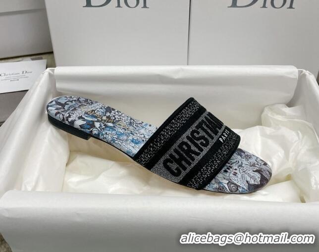 Top Grade Dior Dway Flat Slides in Blue Multicolor Cotton with Dior Jardin Magique Embroidery 022311