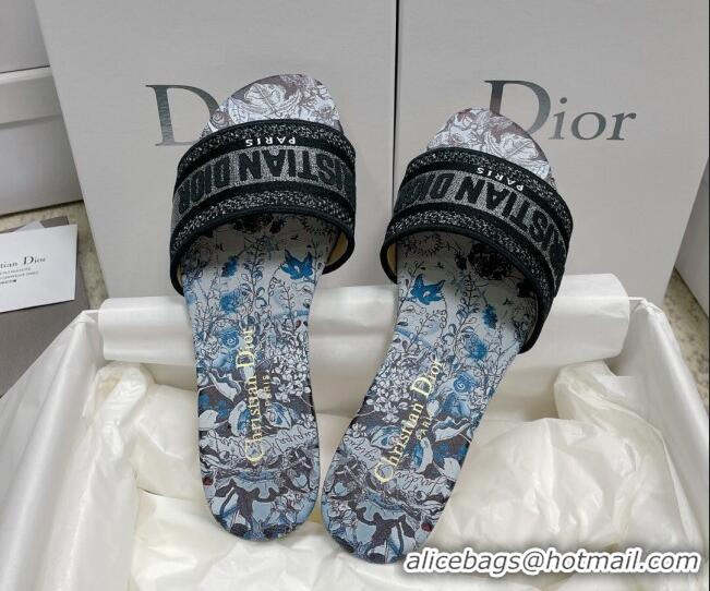 Top Grade Dior Dway Flat Slides in Blue Multicolor Cotton with Dior Jardin Magique Embroidery 022311