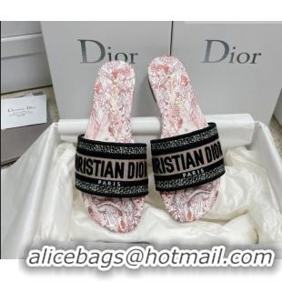 Cheap Price Dior Dway Flat Slides in Pink Multicolor Cotton with Dior Jardin Magique Embroidery 022312