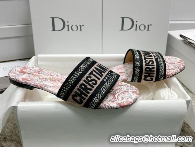 Cheap Price Dior Dway Flat Slides in Pink Multicolor Cotton with Dior Jardin Magique Embroidery 022312