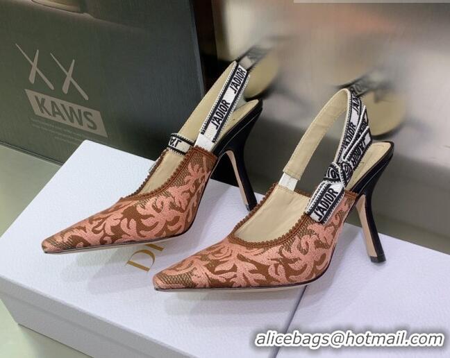 Unique Style Dior J'Adior Slingback Pumps 9.5cm in Pink and Brown Embroidered Cotton 022314