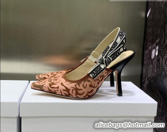 Unique Style Dior J'Adior Slingback Pumps 9.5cm in Pink and Brown Embroidered Cotton 022314