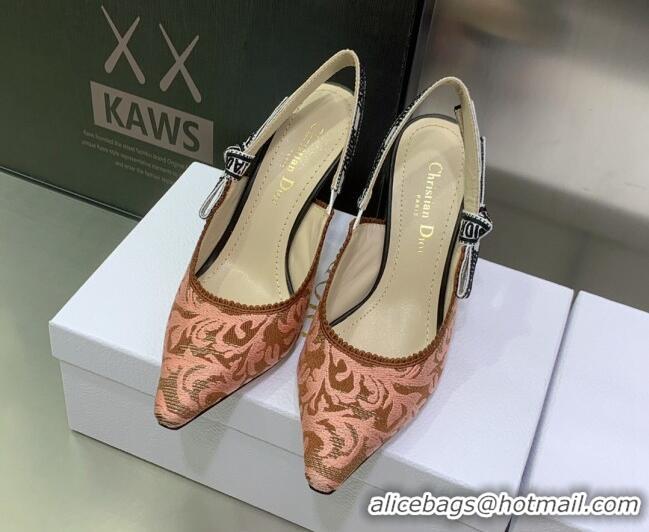 Unique Style Dior J'Adior Slingback Pumps 9.5cm in Pink and Brown Embroidered Cotton 022314