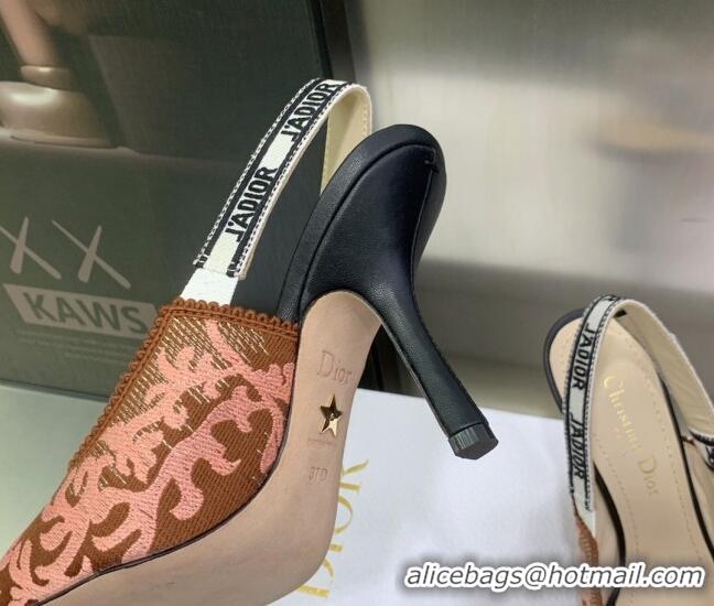 Unique Style Dior J'Adior Slingback Pumps 9.5cm in Pink and Brown Embroidered Cotton 022314