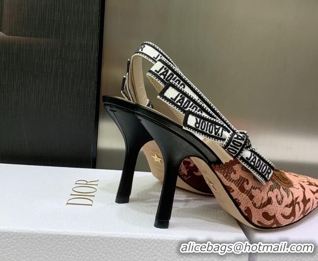 Unique Style Dior J'Adior Slingback Pumps 9.5cm in Pink and Brown Embroidered Cotton 022314