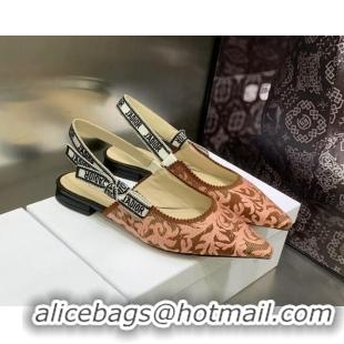 Charming Dior J'Adior Slingback Ballerina Flat in Pink and Brown Embroidered Cotton 022316