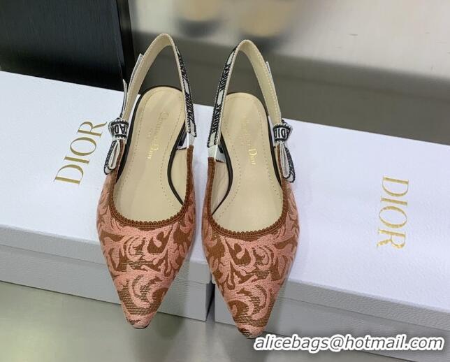 Charming Dior J'Adior Slingback Ballerina Flat in Pink and Brown Embroidered Cotton 022316