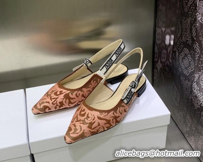 Charming Dior J'Adior Slingback Ballerina Flat in Pink and Brown Embroidered Cotton 022316