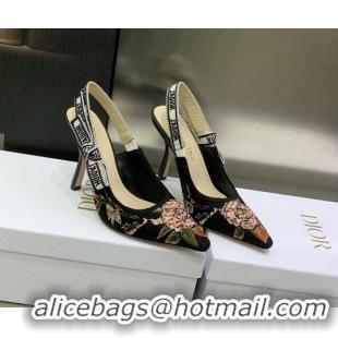 Purchase Dior J'Adior Slingback Pumps 9.5cm in Black Multicolor Cotton with Dior Jardin Botanique Embroidery 022317