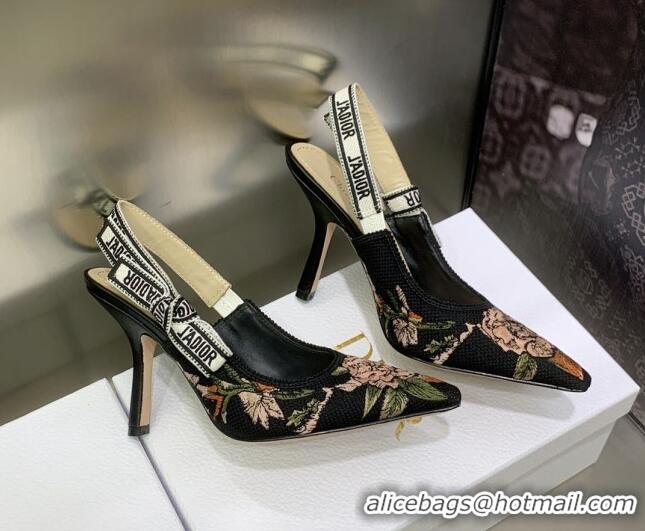 Purchase Dior J'Adior Slingback Pumps 9.5cm in Black Multicolor Cotton with Dior Jardin Botanique Embroidery 022317