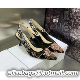 Best Grade Dior J'Adior Slingback Pumps 6.5cm in Black Multicolor Cotton with Dior Jardin Botanique Embroidery 022318