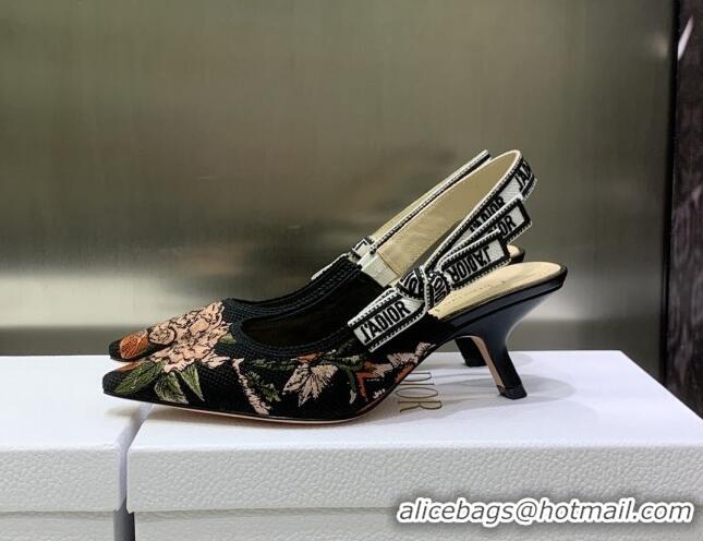 Best Grade Dior J'Adior Slingback Pumps 6.5cm in Black Multicolor Cotton with Dior Jardin Botanique Embroidery 022318