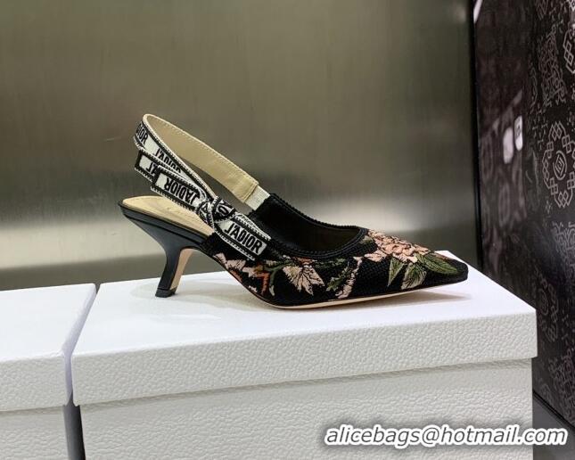 Best Grade Dior J'Adior Slingback Pumps 6.5cm in Black Multicolor Cotton with Dior Jardin Botanique Embroidery 022318