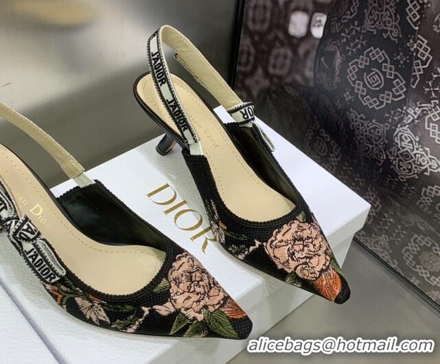 Best Grade Dior J'Adior Slingback Pumps 6.5cm in Black Multicolor Cotton with Dior Jardin Botanique Embroidery 022318