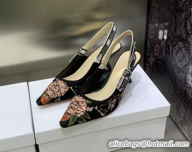 Best Grade Dior J'Adior Slingback Pumps 6.5cm in Black Multicolor Cotton with Dior Jardin Botanique Embroidery 022318