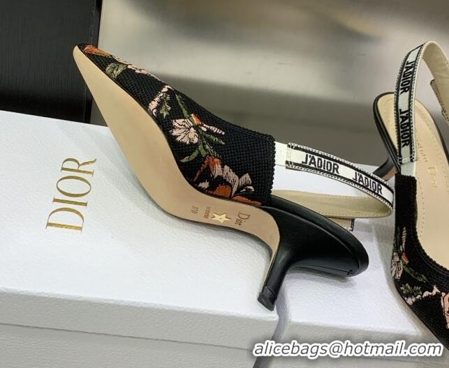 Best Grade Dior J'Adior Slingback Pumps 6.5cm in Black Multicolor Cotton with Dior Jardin Botanique Embroidery 022318