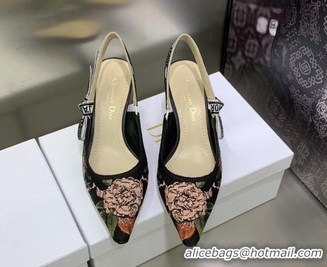 Best Grade Dior J'Adior Slingback Pumps 6.5cm in Black Multicolor Cotton with Dior Jardin Botanique Embroidery 022318