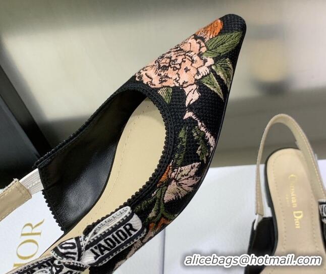 Pretty Style Dior J'Adior Slingback Ballerina Flat in Black Multicolor Cotton with Dior Jardin Botanique Embroidery 0223