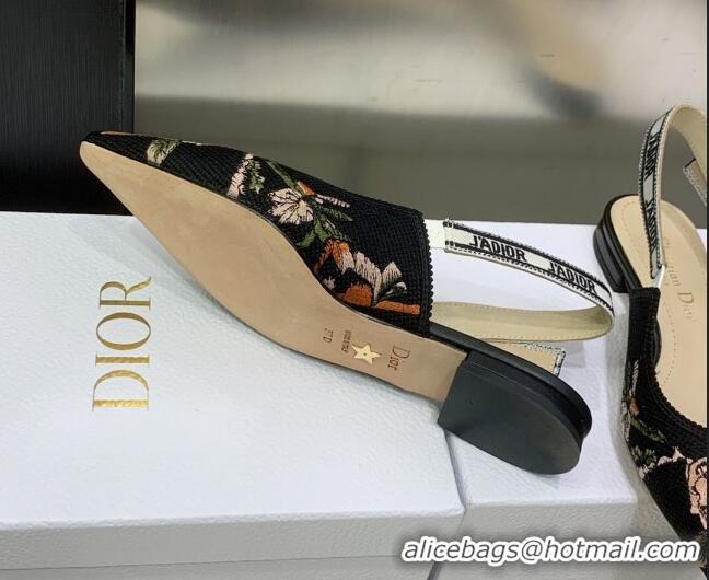 Pretty Style Dior J'Adior Slingback Ballerina Flat in Black Multicolor Cotton with Dior Jardin Botanique Embroidery 0223