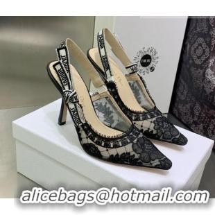 Good Looking Dior J'Adior Slingback Pumps 9.5cm in Black Transparent Mesh Embroidered with Dior Roses Motif 022320