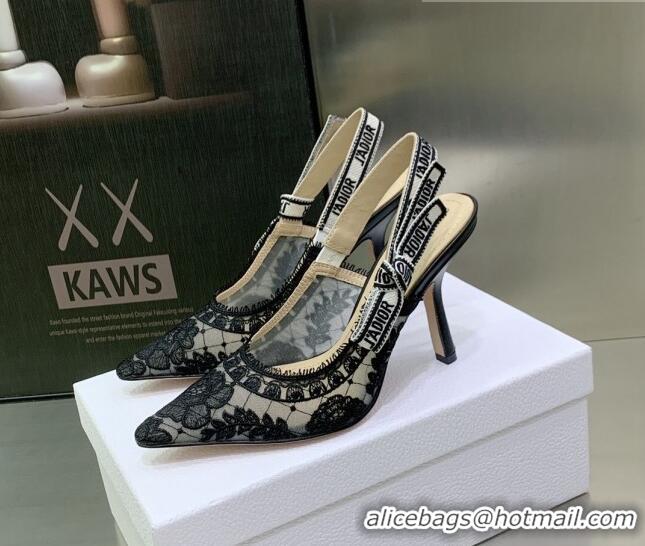 Good Looking Dior J'Adior Slingback Pumps 9.5cm in Black Transparent Mesh Embroidered with Dior Roses Motif 022320