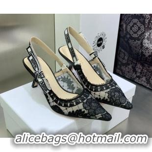 Pretty Style Dior J'Adior Slingback Pumps 6.5cm in Black Transparent Mesh Embroidered with Dior Roses Motif 022321