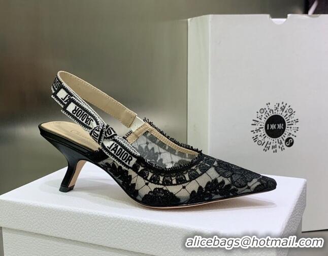 Pretty Style Dior J'Adior Slingback Pumps 6.5cm in Black Transparent Mesh Embroidered with Dior Roses Motif 022321