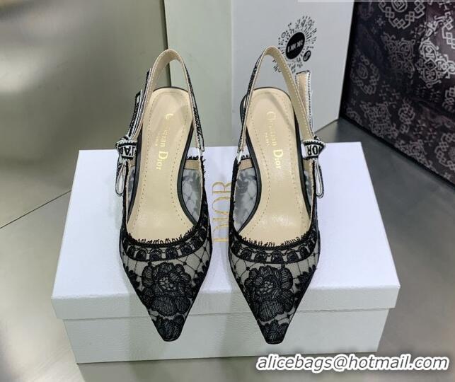 Pretty Style Dior J'Adior Slingback Pumps 6.5cm in Black Transparent Mesh Embroidered with Dior Roses Motif 022321