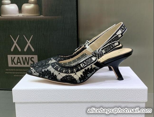 Pretty Style Dior J'Adior Slingback Pumps 6.5cm in Black Transparent Mesh Embroidered with Dior Roses Motif 022321