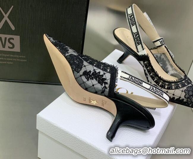 Pretty Style Dior J'Adior Slingback Pumps 6.5cm in Black Transparent Mesh Embroidered with Dior Roses Motif 022321