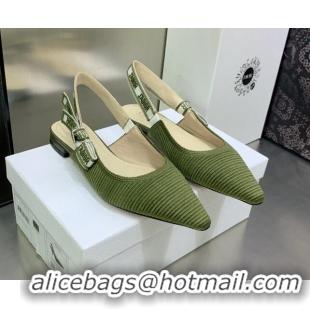 Shop Duplicate Dior J'Adior Slingback Ballerina Flat in Khaki Green Embroidered Cotton 3022325